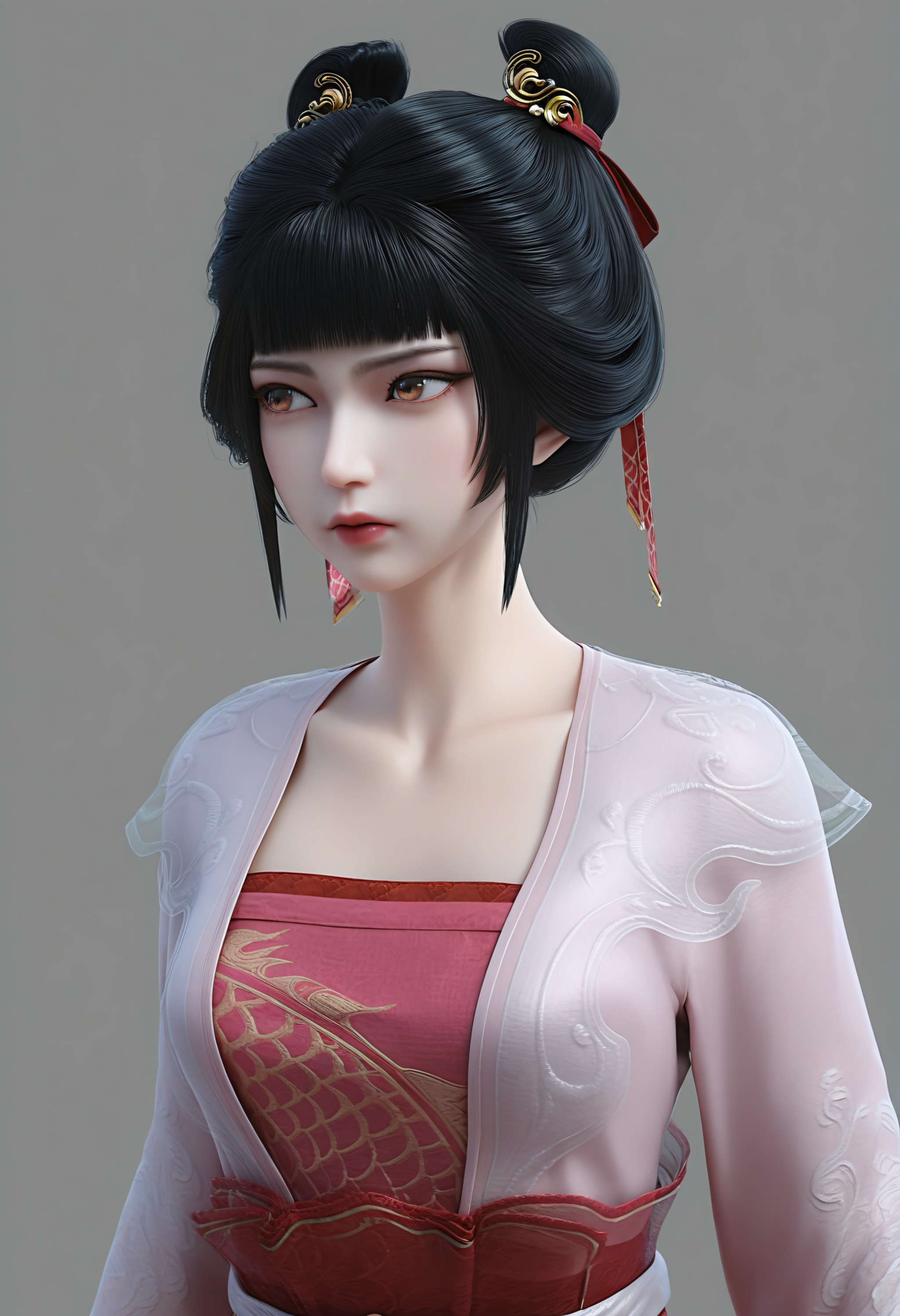 (score_9),<lora:稚圭-Apony:0.86>,zigui,solo,1girl,black hair,hair ribbon,hair ornament,hair bun,bangs,see-through,hanfu,belt skirt,sash,<lora:perfect-eyes:0.8>,(front view:1.1),brown eyes,mature,glamor,collarbone,puffy breasts,pointy_breasts,OverallDetail,(white_skin),(Ivory_skin),simple background,grey background,ambient occlusion,((Subsurface Scattering)),<lora:e色温:0.5>,<lora:e肤色滑块:0.5>,<lora:SkinRealityOrg_ponyv6_loraplus:0.25>,<lora:Expressive_H:0.8>,<lora:detailed_notrigger:0.8>,