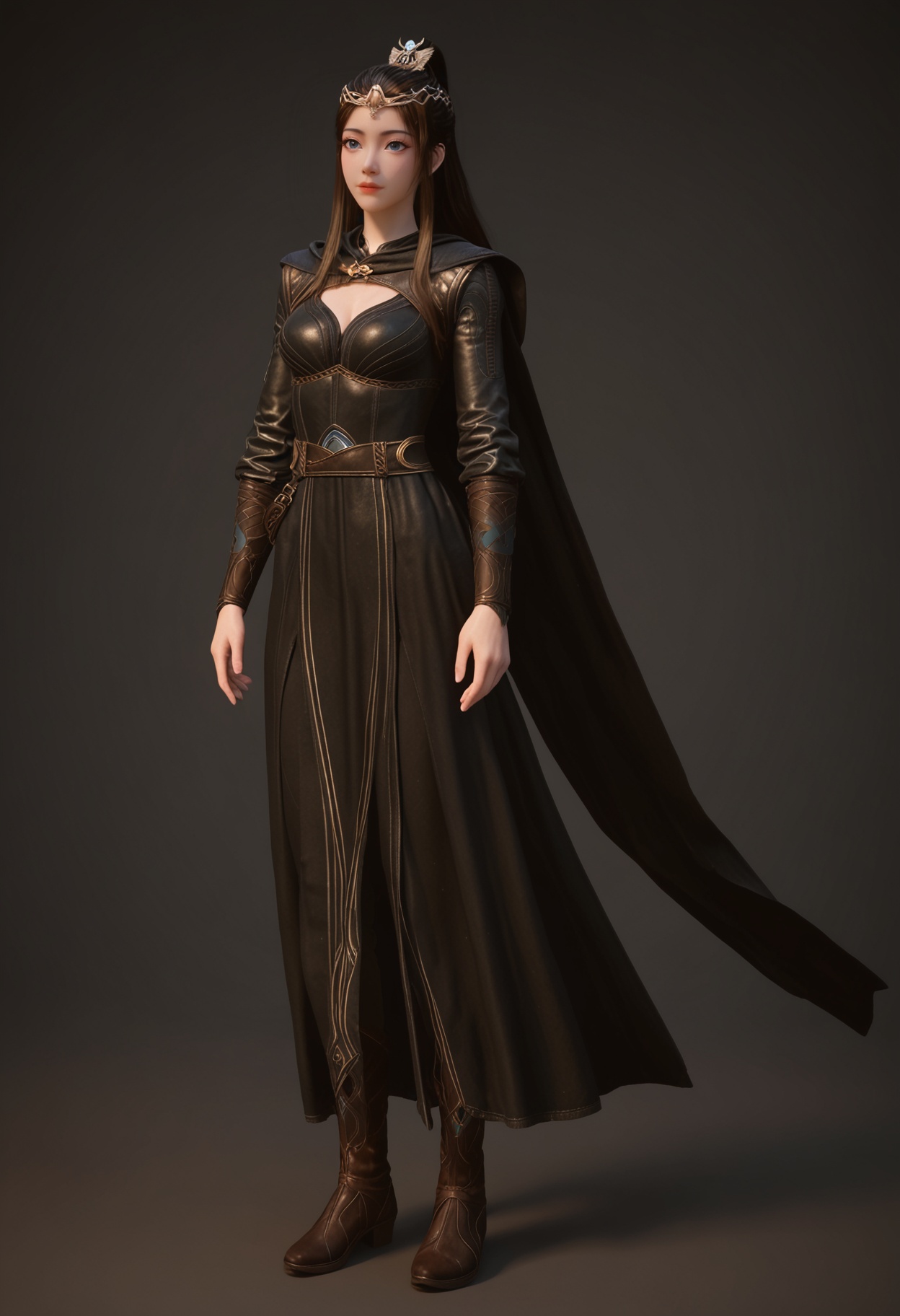 (standing full_body:1.1),score_9,score_8_up,masterpiece,(best quality),intricate details,facing viewer,(looking at viewer:1.1),<lora:YQ_pony_yuanyao_heiyi_V4:0.8>,q1528437228,1girl,solo,long hair,blue eyes,brown hair,black hair,ponytail,hair ornament,dress,cape,long sleeves,tiara,black dress,circlet,belt,black cape,brown eyes,hair bun,boots,BREAK(score_9:1.2),(score_8_up:1.2),masterpiece,best quality,very aesthetic,perfect anatomy,(hourglass),perfect face,(simple background,pure black background,black background:1.1),fair_skin,(shiny_skin:1.1),Ivory_skin,