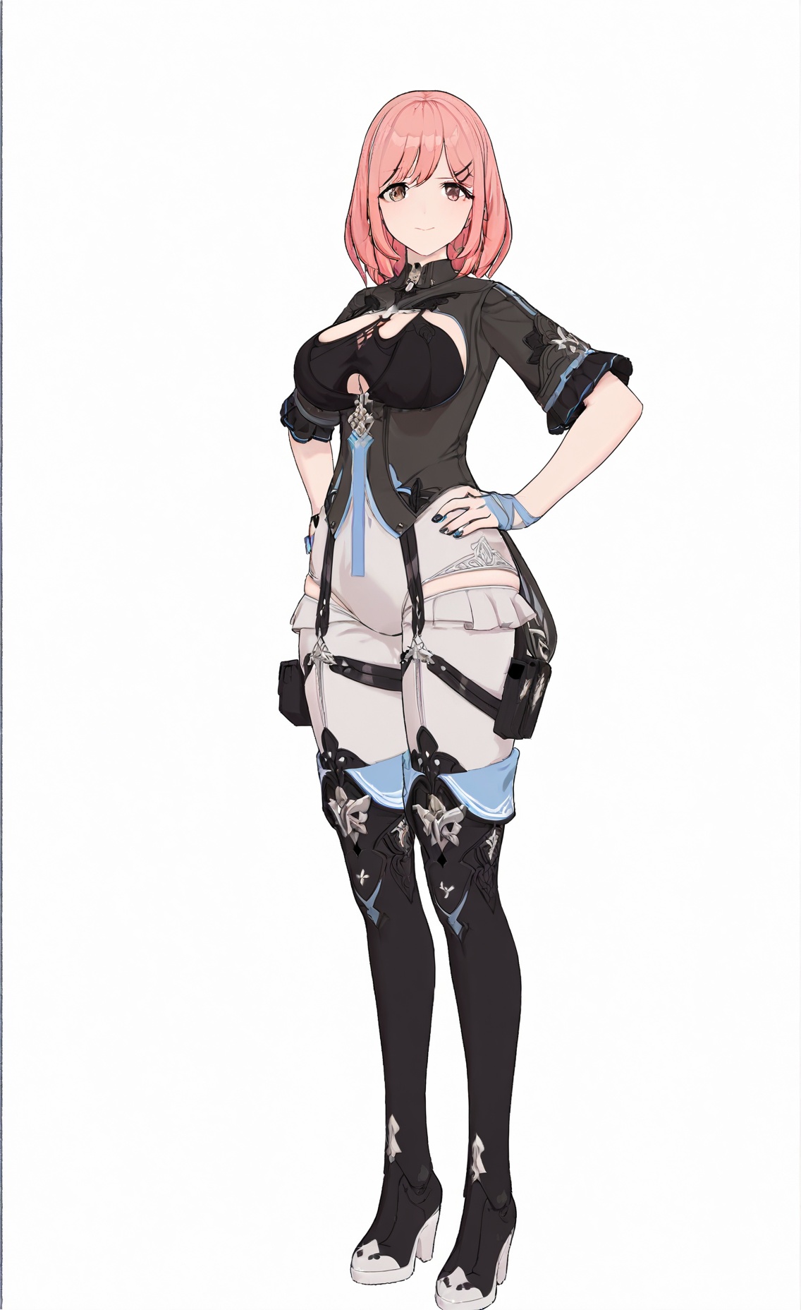 8k, best quality, masterpiece, (ultra-detailed), (high detailed skin), (white background:1.5), (full body:1.2), (white background), standing, looking at viewer, (solo), hands on hips, <lora:Timido-artiwaifu-Tanger:0.8>, Timido, def clothes, 1girl, single glove, thigh boots, pink hair, black footwear, thighhighs, boots, breasts, (beautiful_face), ((intricate_detail)), clear face, ((finely_detailed)), fine_fabric_emphasis, ((glossy)), full_shot, 