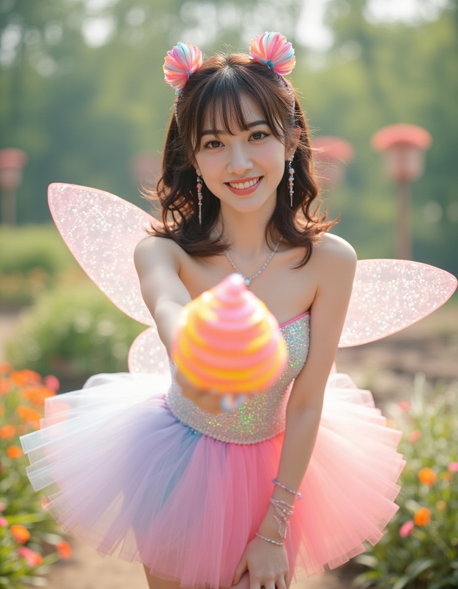 8k, Masterpiece, Top Quality, beautiful Korean woman, clear skin, wearing -like element bodice sexy cosplay, shiny colorful, cute, short tutu-like skirt of iridescent cellophane ruffles, tiny glittering fairy wings, pastel curly hair adorned with  beads and glitter, POV shot, she is offering a giant brightly colored swirl pop to viewer with a super sweet delighted smile, eyes sparkling, whimsical bright land garden setting, close-up shot.