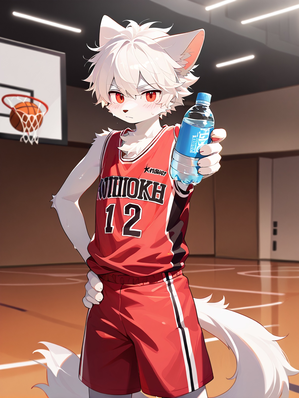 solo,male focus,(white hair,red eyes),indoors,basketball court,looking at viewer,red sleeveless,red shorts,sweat,one hand on hip,holding water bottle,hand on hip,depth of field.,body fur,furry,