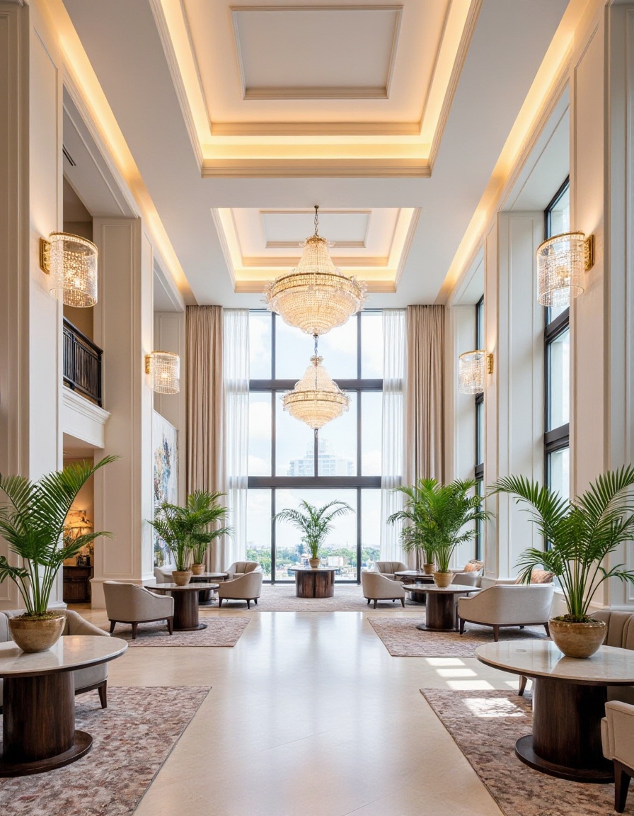 Elegant hotel lounge,spacious interior with high coffered ceiling,neutral color palette with soft pastels,symmetrical layout with comfortable seating areas,luxurious chandeliers as focal points,large windows allowing natural light,modern art on walls,marble tables with decorative plants,plush carpeting with intricate patterns,sophisticated ambiance,frontal view capturing entire room,balanced composition.,