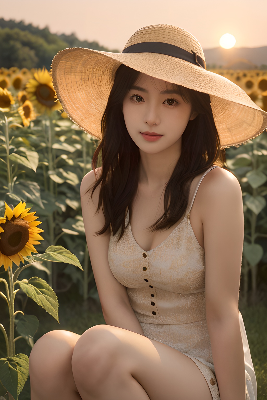 <lora:0813_02:0.7>,a girl with a sun hat, sitting in a field of sunflowers, bathed in the golden glow of sunset, warm hues, peaceful ambiance, natural beauty.korean girl,black hair,, 1girl,realistic,masterpiece, best quality, photorealistic, HDR,detail