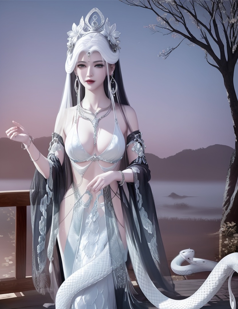 ultra realistic 8k cg, picture-perfect face, flawless, clean, masterpiece, professional artwork, famous artwork, cinematic lighting, cinematic bloom, perfect face, beautiful face, fantasy, dreamlike, unreal, science fiction , beautiful clothes, lace, lace trim, lace-trimmed legwear,  (rich:1.4), prestige, luxury, jewelry, diamond, gold, pearl, gem, sapphire, ruby, emerald, intricate detail, delicate pattern, charming, alluring, seductive, erotic, enchanting, hair ornament, necklace, earrings, bracelet, armlet,halo((,1girl, pov,))  (((1girl, solo,,, large breasts,  looking_at_viewer , wilted flower, bare tree,  1girl, lamia,snake hair, snake print, white snake,  , solo, , body horror, )))    <lora:DA_NSH_XLZH:0.7>