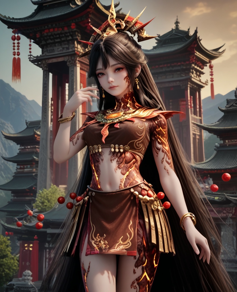 (oriental architecture, elegant decor, sophisticated style:1.1),(beckoning:1.1),(breasts:1.2),<lora:XL16牧神记炎晶晶:0.95>,teenage girl,brown crop top,brown eyes,black hair,absurdly long hair,hair ornament,bracelet,lava skin,brown skirt,faulds,, score_9,score_8_up,score_7_up,score_6_up,score_5_up,score_4_up,3d rendering,tag1,tag2, Cinematic Lighting,backlighting,