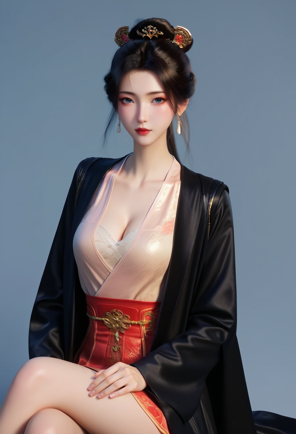 score_9,score_8_up,score_7_up,break.,nm outfit,china,masterpiece,very awa,best quality,amazing quality,very aesthetic,absurdres,beauty,pale skin,blush,realistic,sitting,cleavage,black coat, 1girl,solo,eyelashes,looking at viewer,nm outfit,simple background,<lora:41NM-慕沛灵红衣:0.8>,