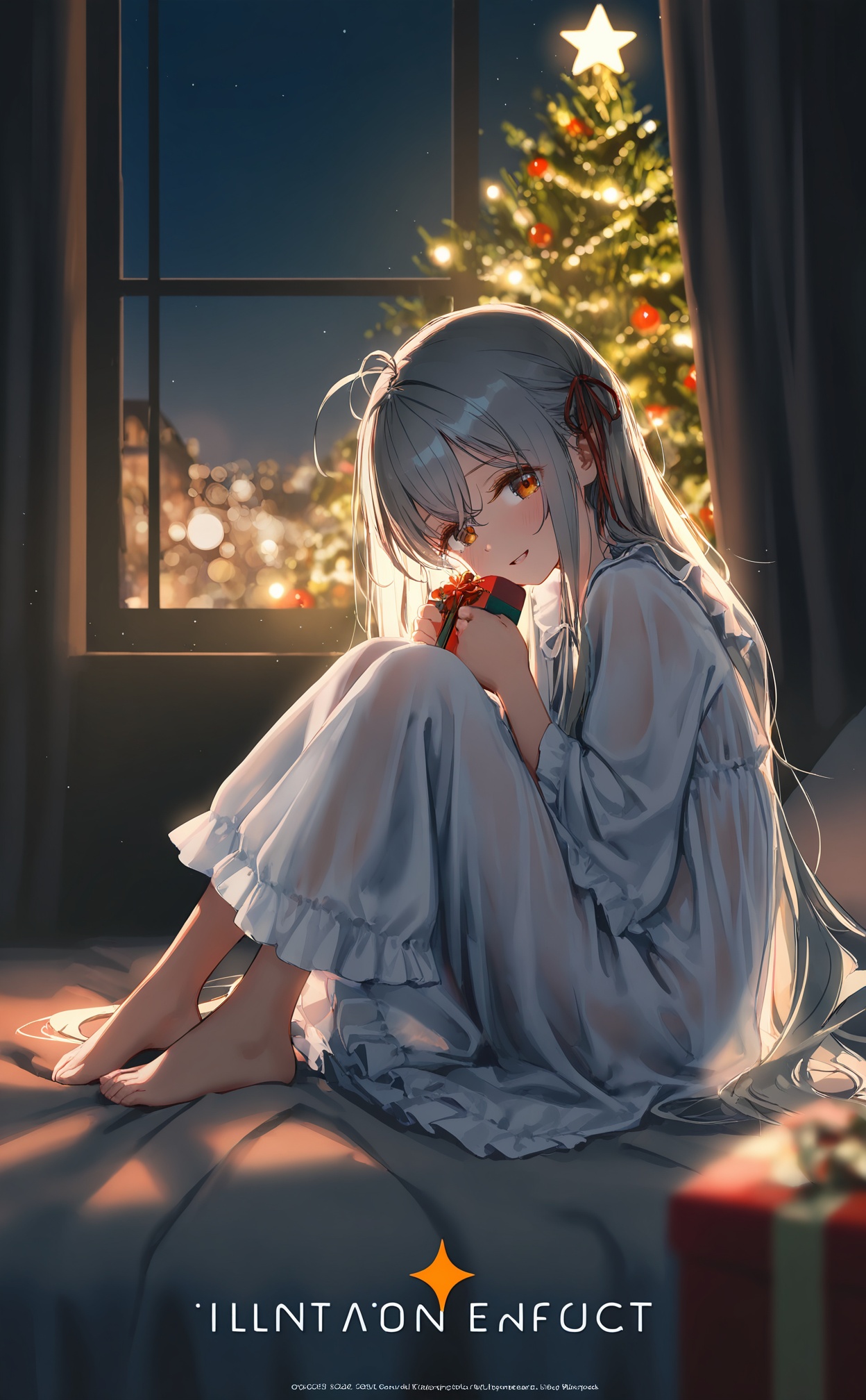 masterpiece,absurdres,best quality,high quality,chromatic_aberration,Night,darkness,black theme,shy,embarrass,endured_face,nsfw,//,1girl, long hair, solo, indoors, holding, barefoot, gift, smile, looking at viewer, knees up, window, sitting, curtains, blurry, copyright notice, dress, pillow, blush, box, long sleeves, blurry foreground, sparkle, white dress, on bed, gift box, red ribbon, depth of field, nightgown, holding gift, ribbon, grey hair, full body, christmas present, christmas, white hair, hair between eyes, copyright name, hands up, from side, christmas tree, very long hair, cover, head tilt, toes, long dress, frills, hair ribbon, bed, star (symbol), bedroom, feet, see-through, blurry background, orange eyes, pajamas, open mouth, parted lips, toenails, yellow eyes, cover image, sky, frilled dress, crossed bangs, brown eyes, wide sleeves, antenna hair, cover page, morning, looking to the side, backlighting, bed sheet, sidelocks, christmas ornaments//,artist:ciloranko,artist:ningen_mame,artist:sho_(sho_lwlw),artist:rhasta,artist:wlop,artist:ke-ta,artist:hiten \(hitenkei\),//,highres,HDR,8K,high contrast,illustration,depth of field,(colorful),Tyndall effect,contrast,lens flare,