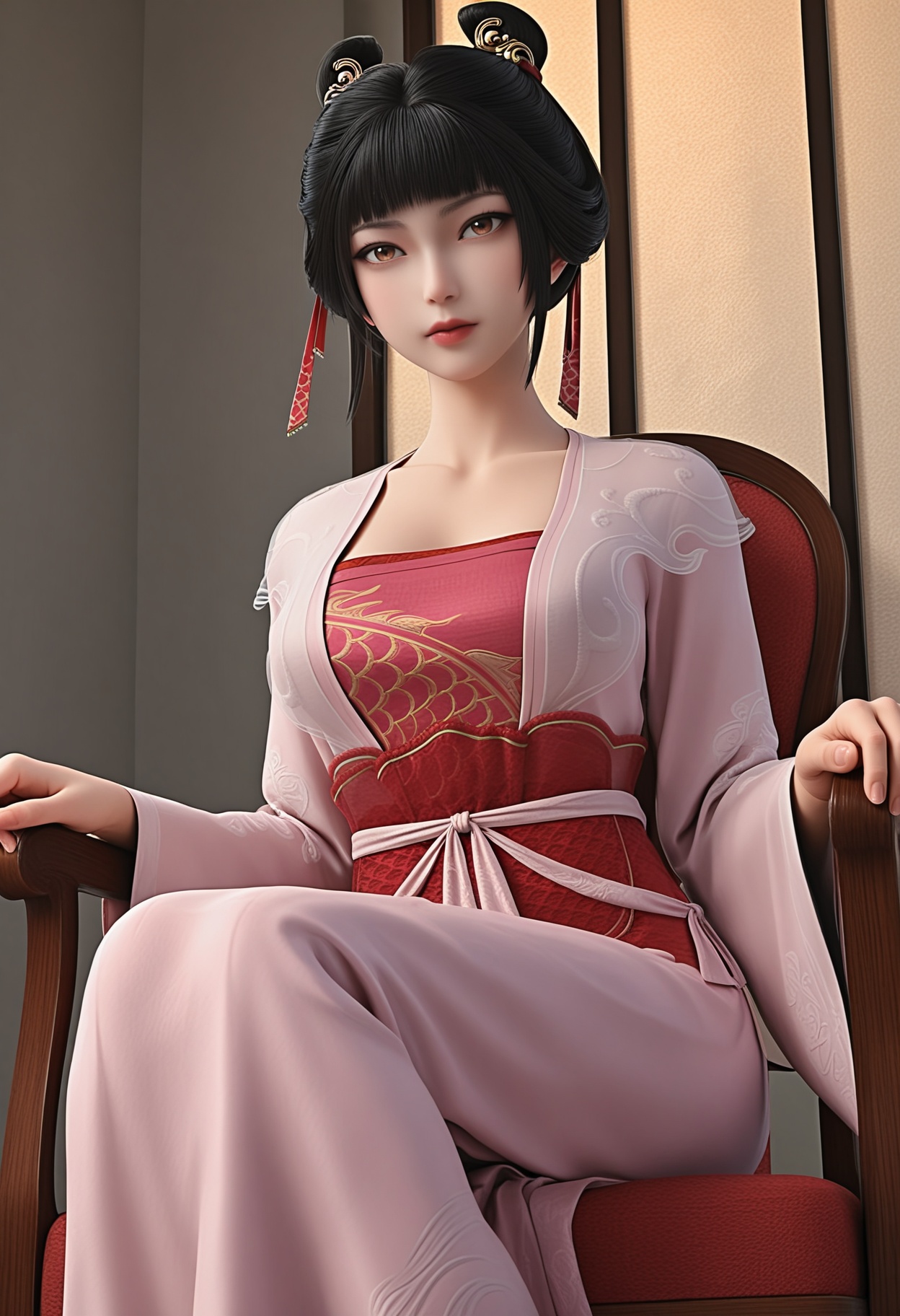 (score_9),masterpiece,best quality,absurdres,highres,BREAK<lora:稚圭-ill:0.85>,1girl,solo,black hair,hair ornament,hair bun,hair ribbon,bangs,brown eyes,hanfu,see-through,beltskirt,sash,collarbone,(large breasts),puffy chest,looking at viewer,front view,sitting,pov,from below,chair,BREAKsimple background,Tyndall effect,Cinematic Lighting,Volumetric Lighting,