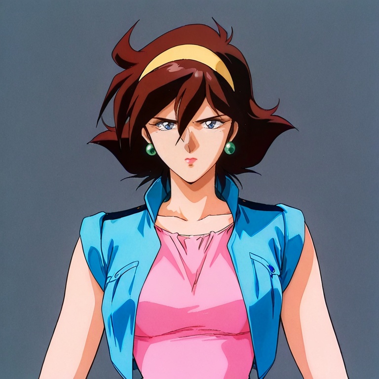 masterpiece, best quality,solo,(grey background:1.2),simple background,1girl,looking at viewer,  retro artstyle, 1980s \(style\), anime_style, fc_60_style, gundam_g_style<lora:F.C.60武斗传-ill:0.8>