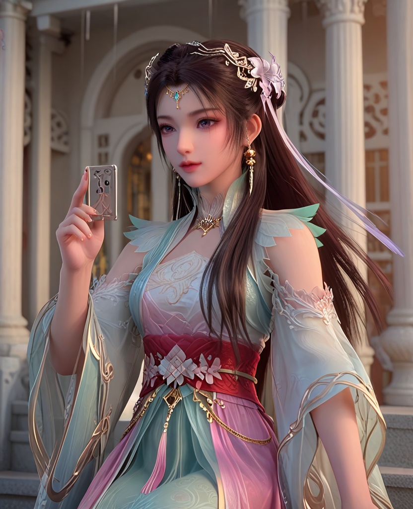 (oriental architecture, elegant decor, sophisticated style:1.1),(hurdle race, jumping over camera:1.1),(breasts:1.2),<lora:XL少年白马易文君:0.95>,miss yiwenjun,green dress,corset,pink pelvic curtain,pink fart curtain,red sash,purple eyes,black hair,hair ornament,long hair,jewelry,earrings,hanging hair,, score_9,score_8_up,score_7_up,score_6_up,score_5_up,score_4_up,3d rendering,tag1,tag2, Cinematic Lighting,backlighting,