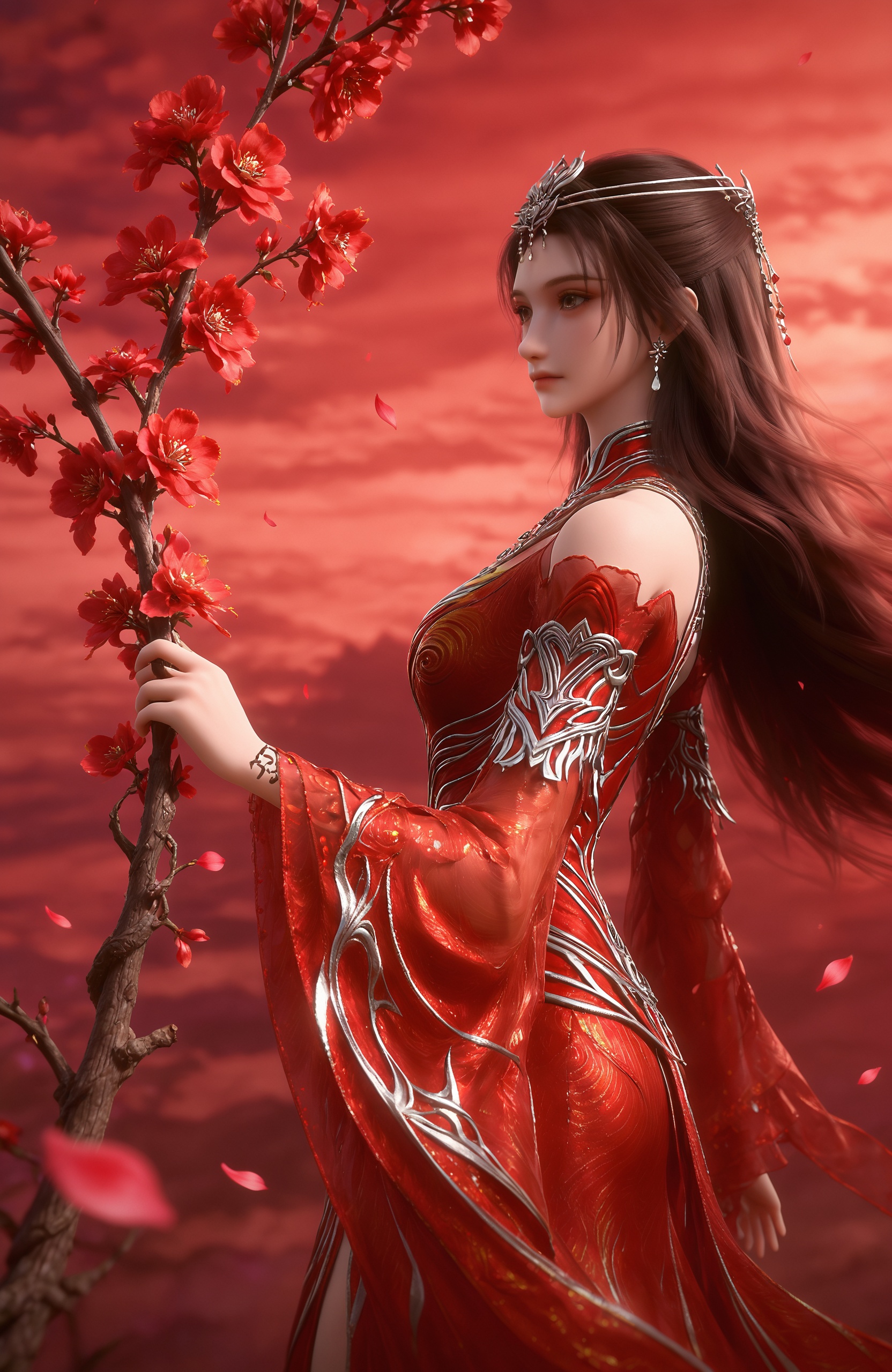 <lora:神墓3-灵尸雨馨Pony:0.8> 1girl, solo, long hair, brown hair, hair ornament, dress, holding, closed mouth, jewelry, bare shoulders, upper body, flower, earrings, detached sleeves, sky, from side, petals, expressionless, red dress, stairs, holding flower, branch, falling petals, red theme, branch,