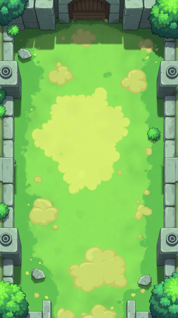 SBCJ2,Cartoon style game scene diagram. In the middle of the screen is a green square shaped ground with some yellow mottled marks,resembling a worn effect. On both sides are gray stone walls with spiral decorative elements,adding details. Green plants are dotted in the corners. The overall color is bright and lively,