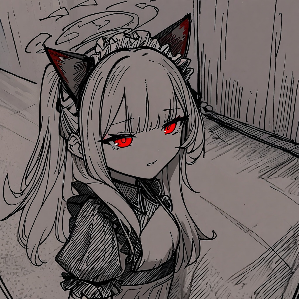 masterpiece, best quality,<lora:style52-a31-000018:1>, monochrome, sketch,white hair,long hair,1girl,solo,cat ears, maid,red eyes,bangs,