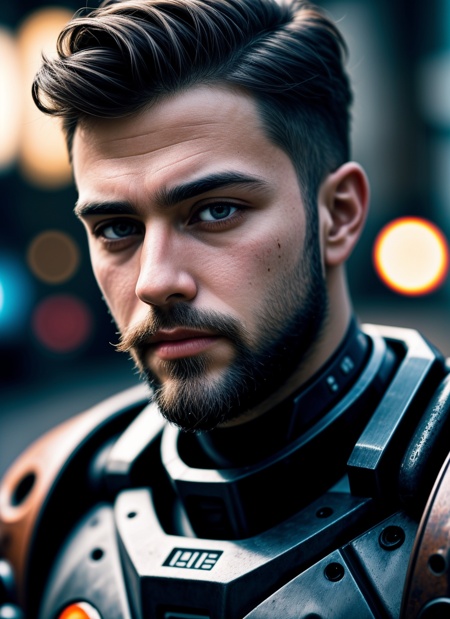 close up Portrait photo of muscular bearded guy in a worn mech suit,  ((light bokeh)),  intricate on Tensor.Art