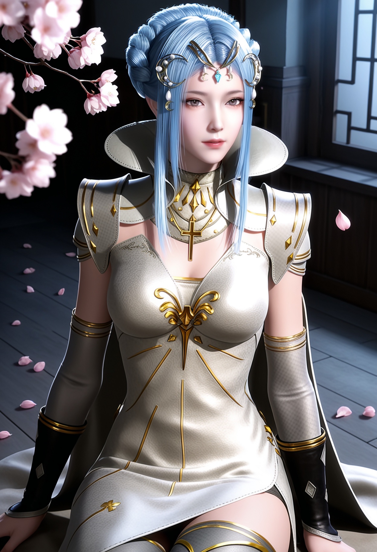 masterpiece,best quality,amazing quality,high resolution,ultra-detailed,absurdres,(looking at viewer:1.1),upper body,(Dark room:1.3),(moody lighting:1.1),peach blossom,falling petals BREAK large breasts,tangyuehua,1girl,solo,light blue hair,hair ornament,hair bun,dress,sidelocks,braid,elbow gloves,realistic,brown eyes,high collar,necklace,detached sleeves,golden cross decoration,jewelry,armor,long hair,cape,thighhighs,thigh boots BREAK photorealistic details,<lora:QQSilltangyuehuaV1:0.8>,