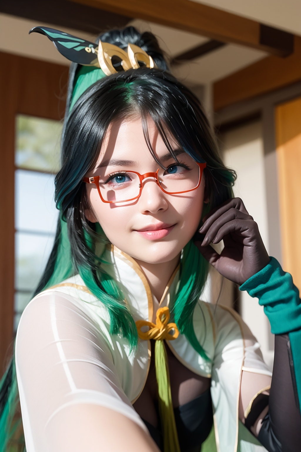 masterpiece, best quality, 8K,realistic, HDR,(photoshop \(medium\):1.6),15yo,<lora:xianyun-v2:1>,1girl, glasses, solo, smile, gloves, looking at viewer, multicolored hair, green hair,upper body, hair ornament, bangs, long hair, ponytail, blue eyes, blue hair, simple background, black hair, semi-rimless eyewear,  two-tone hair, red-framed eyewear, bespectacled, black gloves