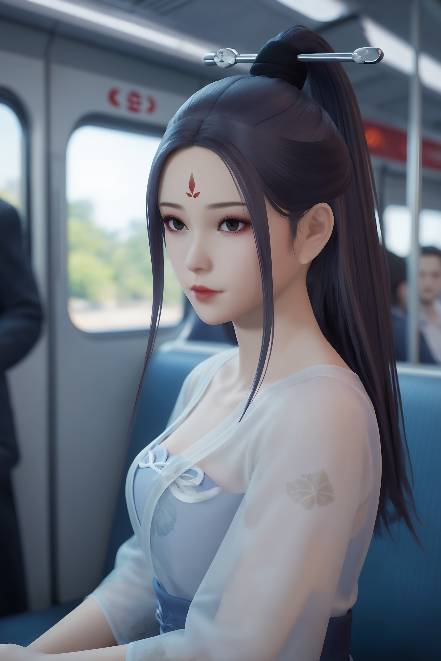 solo,1girl,solo focus,(perfect_anatomy:1.1),(upper_body:1.2),(portrait:1.1),sitting,(train_interior:1.1),(blurry_background:1.2),score_9,<lora:万界仙踪-安芸-入水:0.7>,long,straight black hair,high ponytail,red mark forehead,flowing,white semi-transparent kimono with intricate,delicate patterns.  light blue hue,