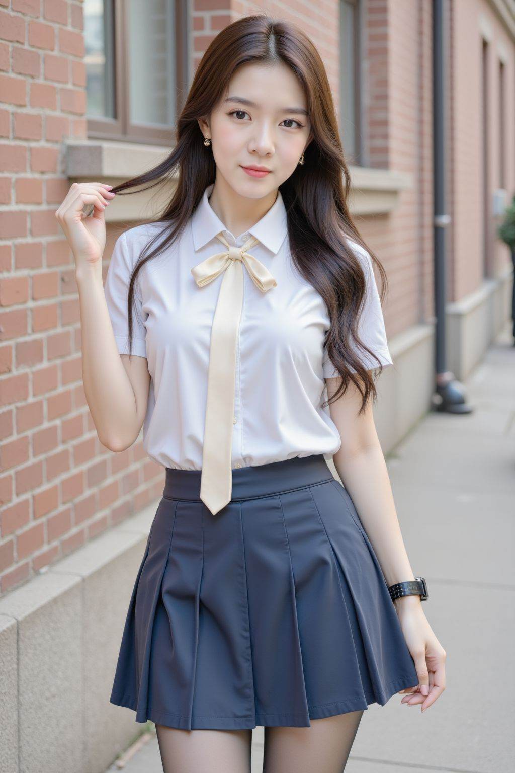 A young woman stands outdoors near a brick building with windows. She wears a white short-sleeved collared shirt paired with a tie that has a bow at the collar. Her skirt is a blue pleated design,and she has on black tights. Her long,dark hair flows down her back,and she wears a black wristwatch on her left wrist. One hand is raised,gently lifting a strand of hair,while the other hand rests by her side. The background features a brick wall with a window and a sidewalk,with some blurred architectural details. The overall scene is well-lit,suggesting daytime.,