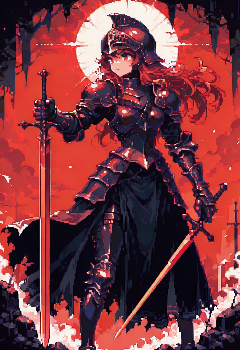 dpa,pixel art, sword, holding, 1girl, holding weapon, holding sword, red theme, armor, solo, long hair, gauntlets, dress, shoulder armor, hat, torn clothes, helmet, standing