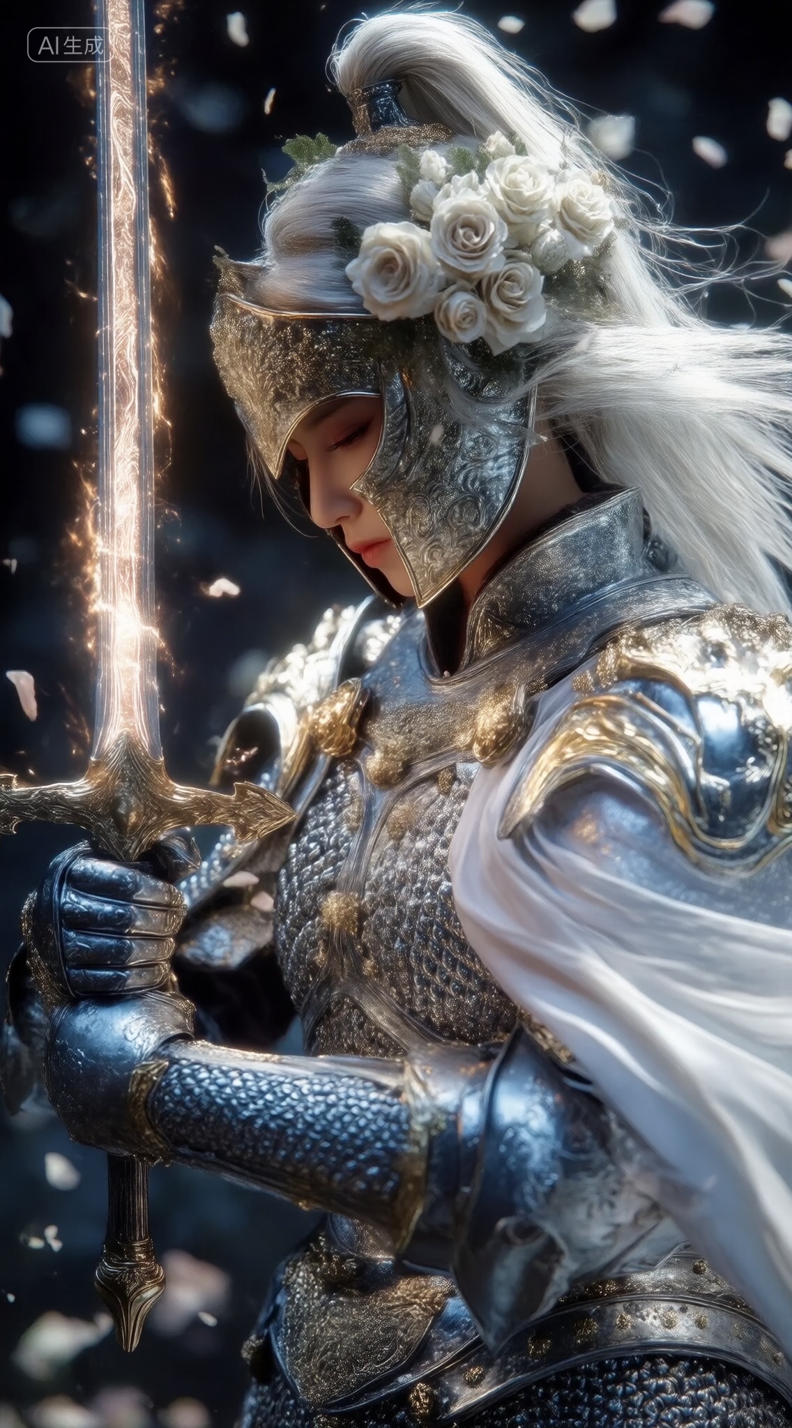 a digital illustration shoot from a profile camera angle about a female warrior in ornate armor holding a glowing sword,adorned with flowers and a headpiece,the image also shows intricate details and a fantasy theme,on the middle of the image,a 1woman,who appears to be in her mid-twenties,with long white hair,wearing a silver and gold ornate helmet adorned with white roses,and holding a large,glowing sword in her right hand,she is facing the viewer,with her eyes closed,and her expression is serene,her armor is detailed with intricate designs and patterns,and she is wearing a white,flowing cape,the background is a dark,blurred space with hints of light and scattered petals,giving the image a sense of depth and atmosphere,the lighting is soft and ethereal,highlighting the intricate details of her armor and the glowing blade of the sword,, Negative prompt: ng_deepnegative_v1_75t,(badhandv4:1.2),EasyNegative,(worst quality:2),,nsfw, Steps: 30, Sampler: Euler, CFG scale: 4.0, Seed: 1326214528, Size: 1142x2048, Model hash: 9768b098f7, Model: ZOZ_v1.0.safetensors, Denoising strength: 0, RNG: CPU, Lora 1: ZOZ_超写实~插画系列~千问, Lora Hash 1: 3144b0df6f, Lora Weight 1: 0.8, vae_name: automatic