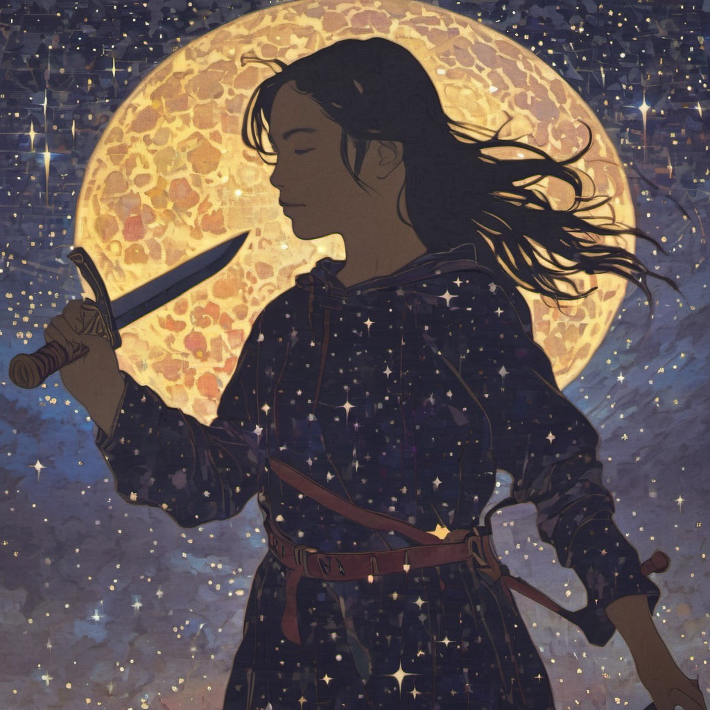 <lora:ukiyo-e_xl_v2:1>,the background is a starry night sky,a silhouette of a girl holding a sword,a brightly colored sword t which maps the starry sky and the milky way inside,halo,ethereal,