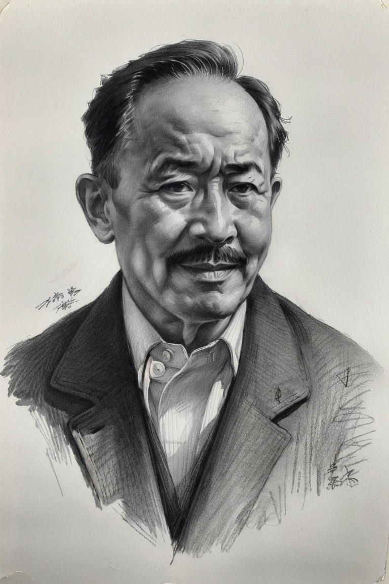 ((HRD, HUD, 8K)),((masterpiece, best quality)), highly detailed, photo_\(medium\),1boy, mustache, Sketch,monochrome, greyscale, traditional media, signature, graphite (medium), upper body, simple background,suit, looking at viewer,  <lora:20240218-1708223770681:0.9>