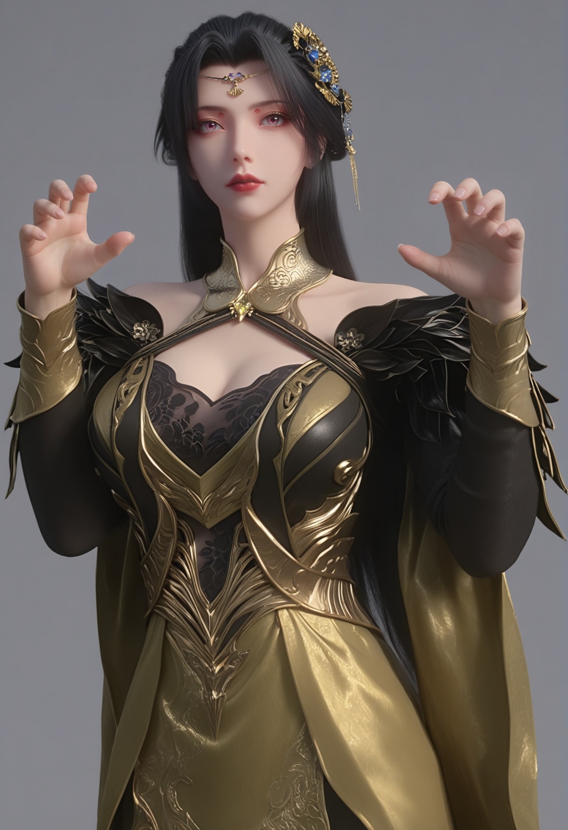 (score_9),<lora:柳如烟-rain:0.8>,lry,(mature_female),solo,long hair,hair ornament,black hair,mole under eye,detached collar,forehead jewelry,wrist guards,dress,sleeve,<lora:perfect eyes_v1:1>,bright pupils,looking at viewer,front view,<lora:Expressive_H-000001:0.8>,(claw_pose:1.1),(glamor:1.2),curvy,collarbone,pointy breasts,puffy breasts,large breasts,narrow waist,simple background,grey background,