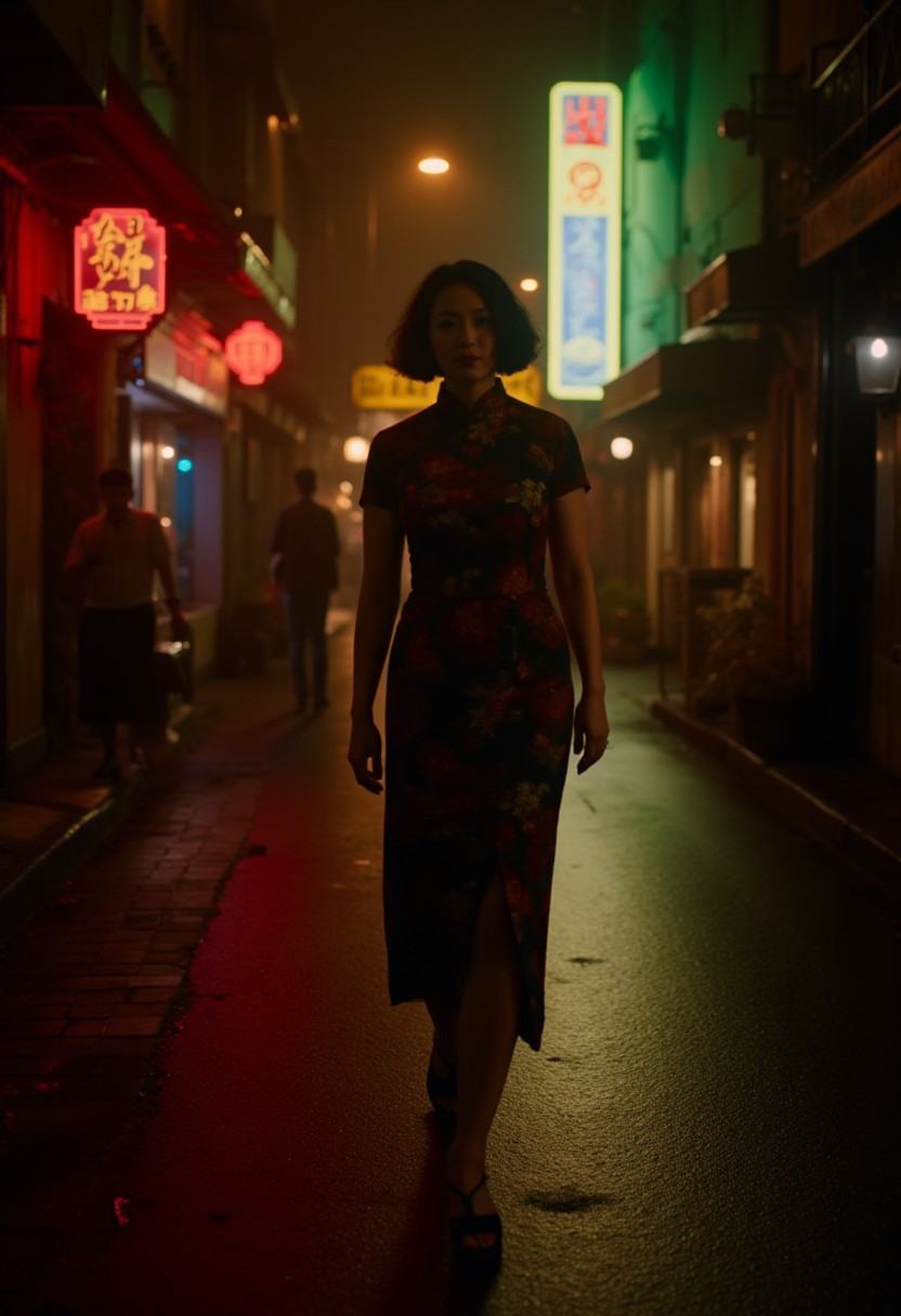 A woman in a cheongsam walks alone through a dimly lit alleyway,  the rain-soaked pavement reflecting the neon lights abov...