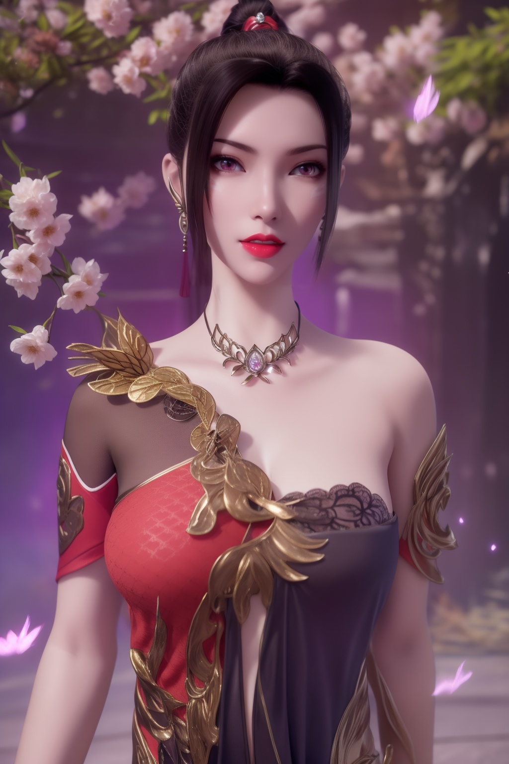 photo_\(medium\),(8k, RAW photo, best_quality),(masterpiece:1.2),(realistic:1.2),(photorealistic:1.3),(ultra-detailed),(extremely_detailed_cg_8k_wallpaper),(crystal_texture_skin:1.3),(shiny:1.2),(shiny_skin:1.4),(extremely_delicate_and_beautiful),petals,flower,sky,cherry blossoms,falling petals,fair skin,landscape,full_shot,shenfengLingMeiEr,1girl,solo,dress,flower,shoulder cutout,standing,red lips,torogao,breasts,hair bun,upper body,jewelry,hair ornament,earring,necklace,realistic,looking at viewer,<lora:shenfengLingMeiEr_20240804131117-000004:0.8>,