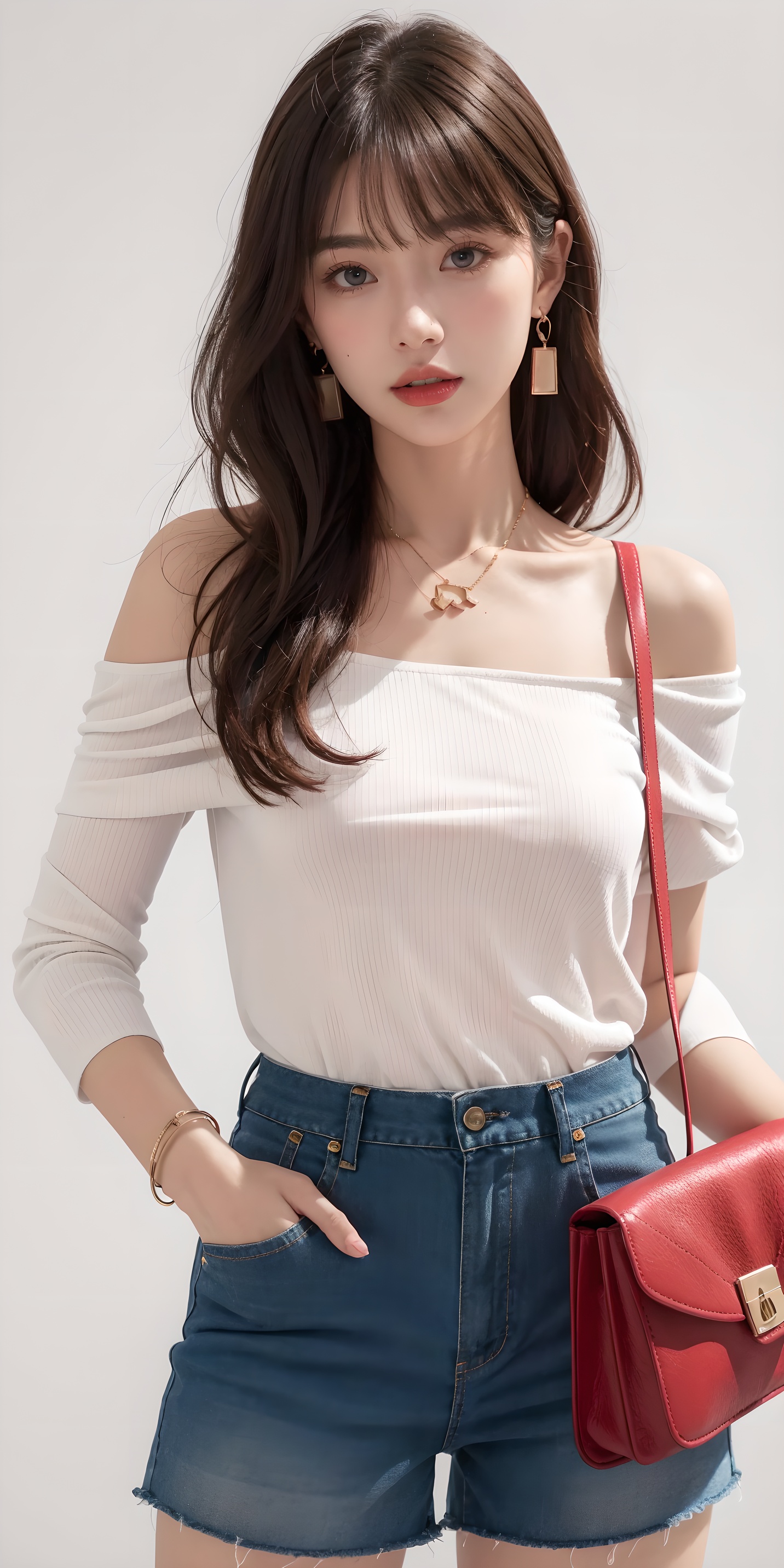 (best quality), ((masterpiece)), (highres), illustration, original, extremely detailed, 1girl, solo, brown hair, bag, jewelry, shorts, white background, blue eyes, looking at viewer, earrings, bare shoulders, simple background, shirt, collarbone, long hair, off shoulder, off-shoulder shirt, bracelet, hand in pocket, bangs, handbag, red shirt, cowboy shot, signature, blush, brown shorts, open mouth, shoulder bag, twitter username, necklace