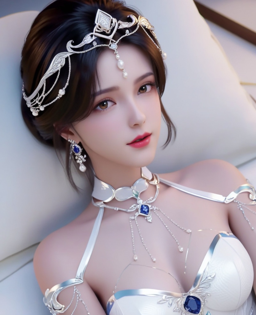 <lora:613-DA-XL-神印王座-白玥:0.8>(,1girl, ,best quality, ),looking at viewer,masterpiece, ((((1girl, solo , lying, )))) (cleavage), (), ,ultra realistic 8k cg,   clean, masterpiece,      (( , )),,  , unreal, science fiction, luxury, jewelry, diamond, gold, pearl, gem, sapphire, ruby, emerald, intricate detail, delicate pattern, charming, alluring, seductive, erotic, enchanting, hair ornament, necklace, earrings, bracelet, armlet,halo,(cleavage),, (),