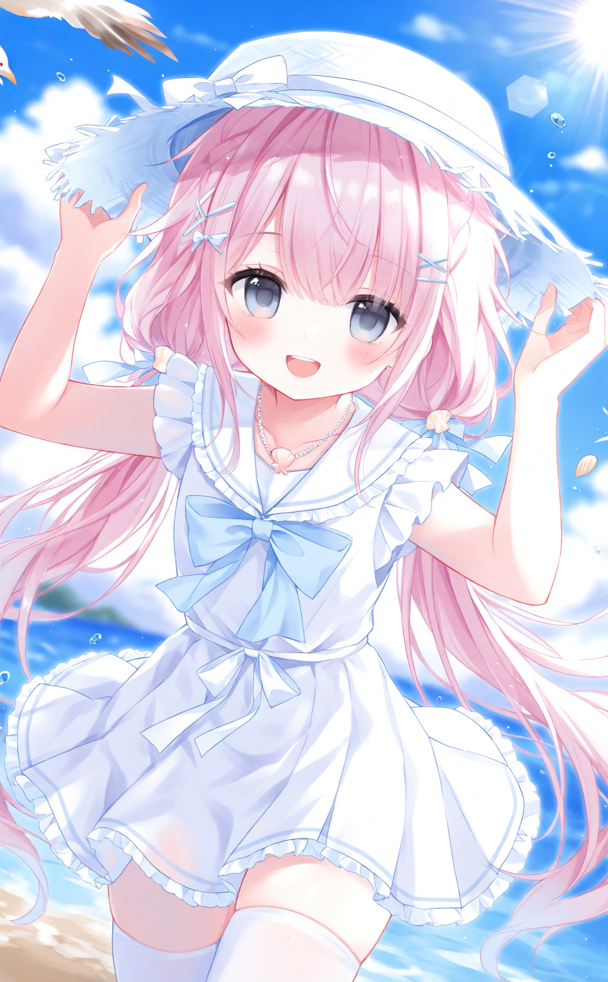 1girl,solo,dress,sailor dress,hat,hands on headwear,pink hair,outdoors,thighhighs,smile,long hair,white dress,hair between eyes,day,sailor collar,white headwear,very long hair,sky,ocean,cloud,looking at viewer,:d,frills,shell,blue sky,seashell,white thighhighs,bow,bird,water,seagull,horizon,frilled dress,sun hat,beach,grey eyes,open mouth,straw hat,blush,blue bow,teeth,water drop,white sailor collar,depth of field,arms up,hair ornament,blurry,hands up,twintails,upper teeth only,necklace,jewelry,short sleeves,x hair ornament,pleated dress,low twintails,white bow,dutch angle,collarbone,sun,hat bow,blue eyes,cloudy sky,hairclip,summer,standing,frilled sailor collar,animal,zettai ryouiki,lens flare,blurry background,sand,sunlight,<lora:lp40-000030:0.8>,