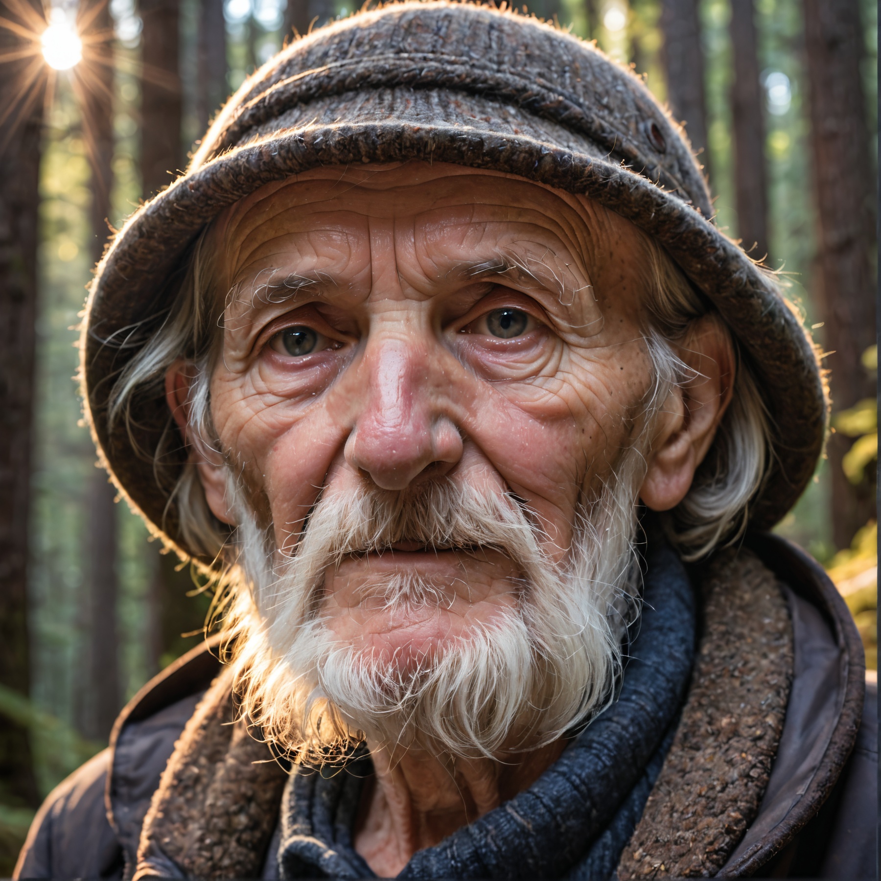 Closeup Photo Portrait an old wanderer in a mountain forest,  detailed light,  high quality photography on Tensor.Art