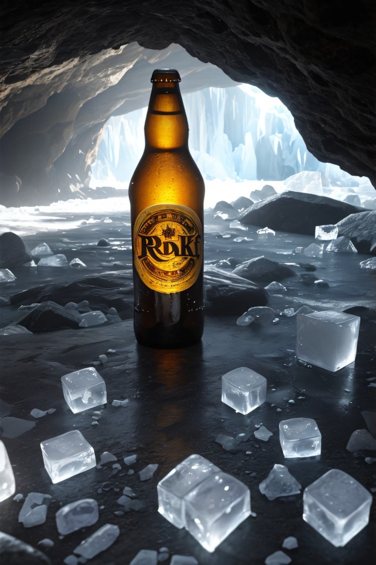 cinematic photo, cpbg, inside the rock cave, close-up of a bottle of beer, ice cubes, rocks, backlight effect, caustics,