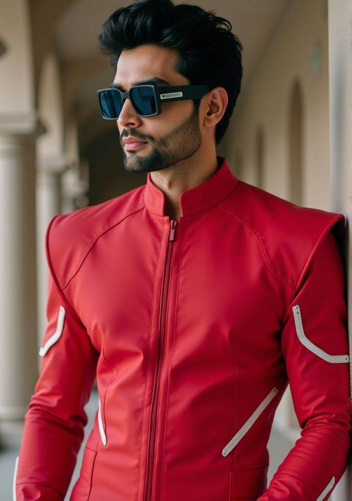Rohit Khandelwal ,  Hi-res photo. He wears futuristic electronic glasses. He is wearing a light red,  close fitting flight...