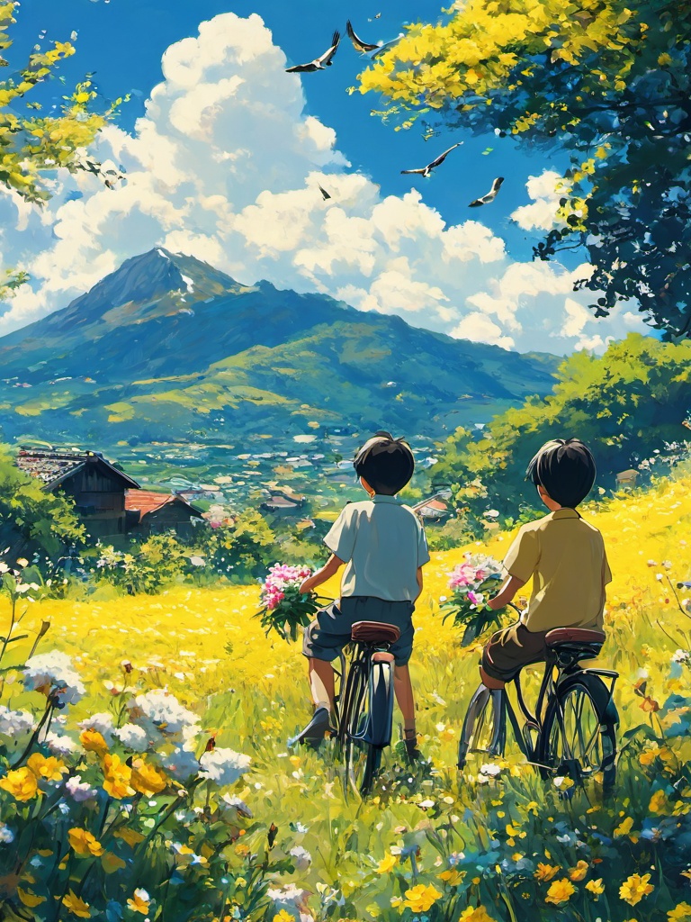 zyx01, outdoors, sky, flower, cloud, 2boys, scenery, multiple boys, day, shirt, bird, field, male focus, short hair, tree, blue sky, grass, from behind, blue shirt, short sleeves, pants, black hair, house, facing away, cloudy sky, mountain, white flower, striped, yellow flower, bicycle, standing, brown hair, nature,<lora:zyx01:0.8>,, masterpiece, best quality,
