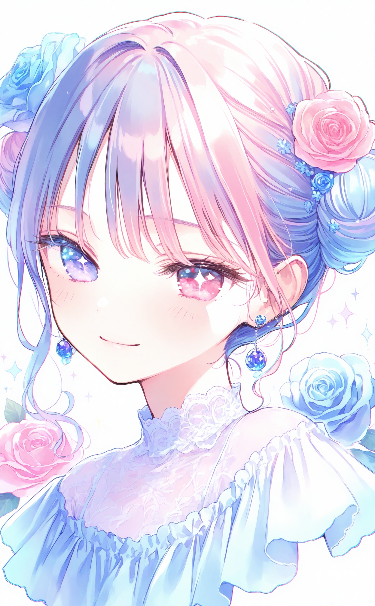 masterpiece,highres,absurdres,newest,best quality,loli,petite,high quality,chromatic_aberration,//,1girl, heterochromia, solo, flower, blue_eyes, hair_ornament, blue_flower, jewelry, earrings, smile, hair_flower, looking_at_viewer, purple_hair, sidelocks, white_background, frills, portrait, blue_rose, hair_bun, closed_mouth, pink_eyes, braid, sparkle, rose, lace_trim, flower_earrings, simple_background, dress, floral_background, pink_hair, multicolored_hair, blue_dress, red_eyes, cropped_shoulders, single_hair_bun, purple_eyes, blue_hair, frilled_dress, blush, short_hair, lace, light_smile, pink_flower, light_blush, gradient_hair//,//,<lora:chun_paretto——【noob】hans:1>,