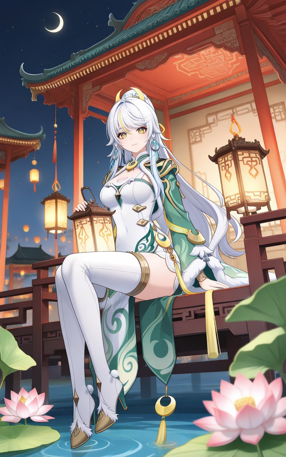 depth of field,masterpiece,best quality,very aesthetic,alternate costume,alternate costume,2024,2023,perfect composition,ultra-detailed,extreme aesthetic,masterpiece,best quality,good quality,newest,year 2024,year 2023,very aesthetic,absurdres,looking_at_viewer,colorful,<lora:兹白·ILL:0.8>,zibai braid,white hair,multicolored hair,streaked hair,blonde hair,yellow eyes,high ponytail,very long hair,zibai crescent moon hair ornament,zibai yellow ribbon,clothes:zibai chinese clothes,zibai green and white dress,zibai white thigh boots,zibai long sleeves,zibai wide sleeves,1girl,solo,lantern,night,breasts,sitting,sky,full body,night sky,flower,lotus,architecture,star \(sky\),east asian architecture,zibai gold trim,zibai fur trim,zibai high heel boots,