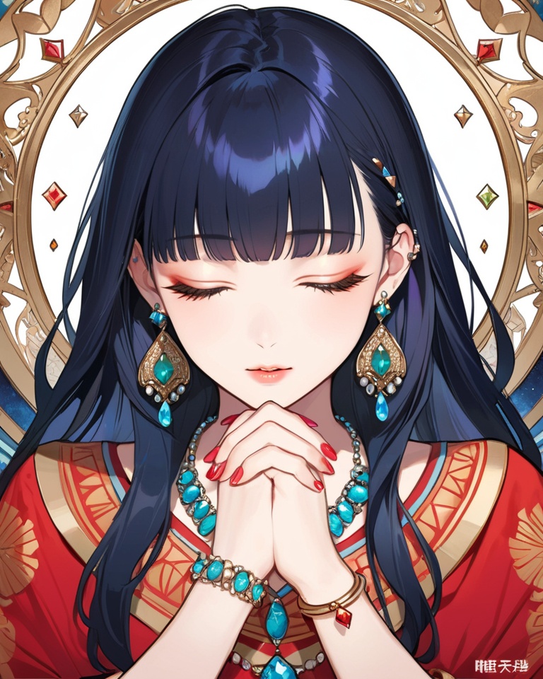 (best quality), ((masterpiece)), (highres), illustration, original, extremely detailed, <lora:SNQX:0.7>1girl, solo, jewelry, closed eyes, long hair, bracelet, earrings, own hands together, nail polish, gem, upper body, parted lips, necklace, bangs, facing viewer, artist name