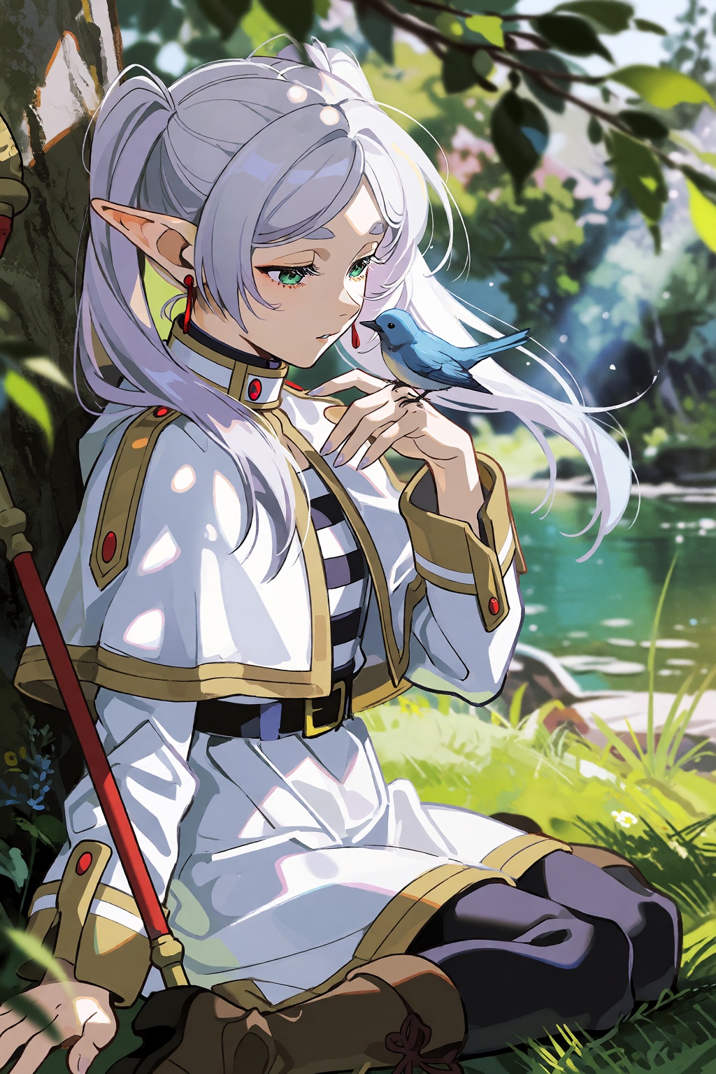 masterpiece,  very aestheticA close-up,  side-view shot of Frieren from Sousou no Frieren sitting in the dappled sunlight...