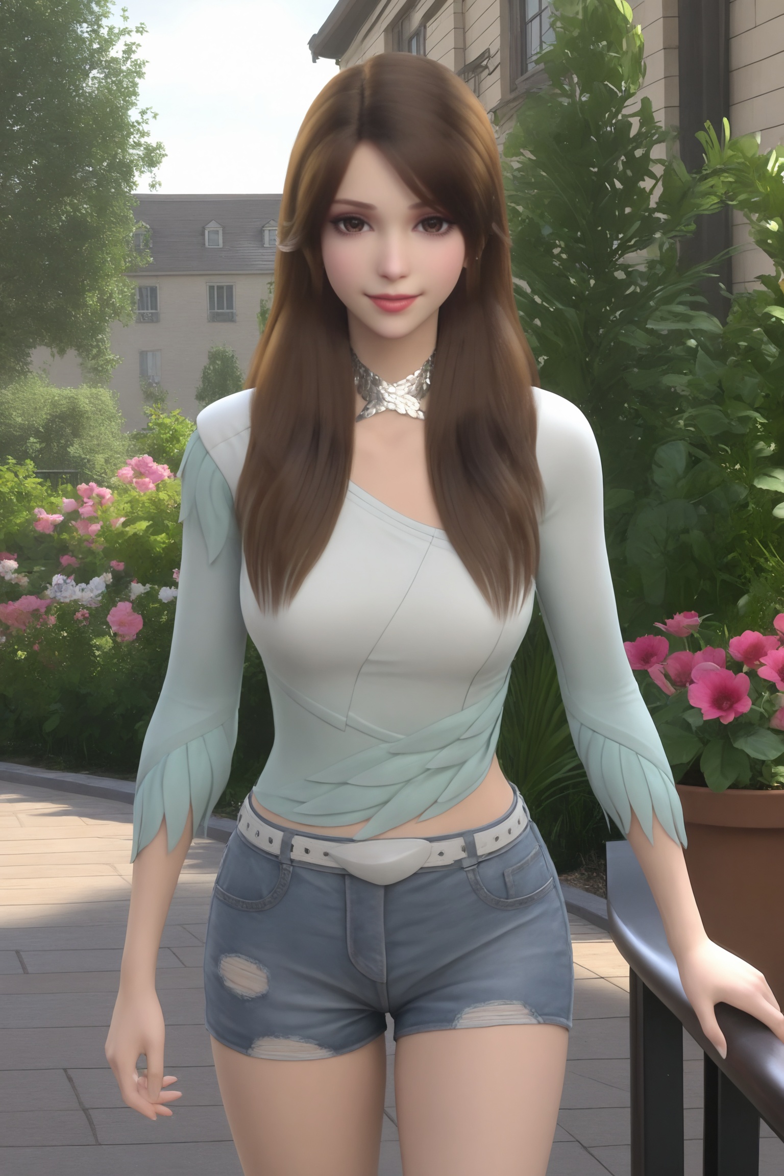 1girl,solo,flower, plant, smoke, outdoors, railing, pink flower,smile,  jockcur leaves,masterpiece, best quality,looking at viewer,<lora:暗界神使-白雉-ILL:0.7>,long,straight,brown hair,silver choker necklace,light mint green,off-the-shoulder top,chiffon-like texture,and high-waisted,distressed denim shorts.long long sleeves,