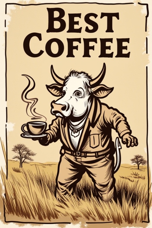 manhua,the poster read 'Best Coffee',A cow was working in the field,coffee in hand,and was wearing sweat,