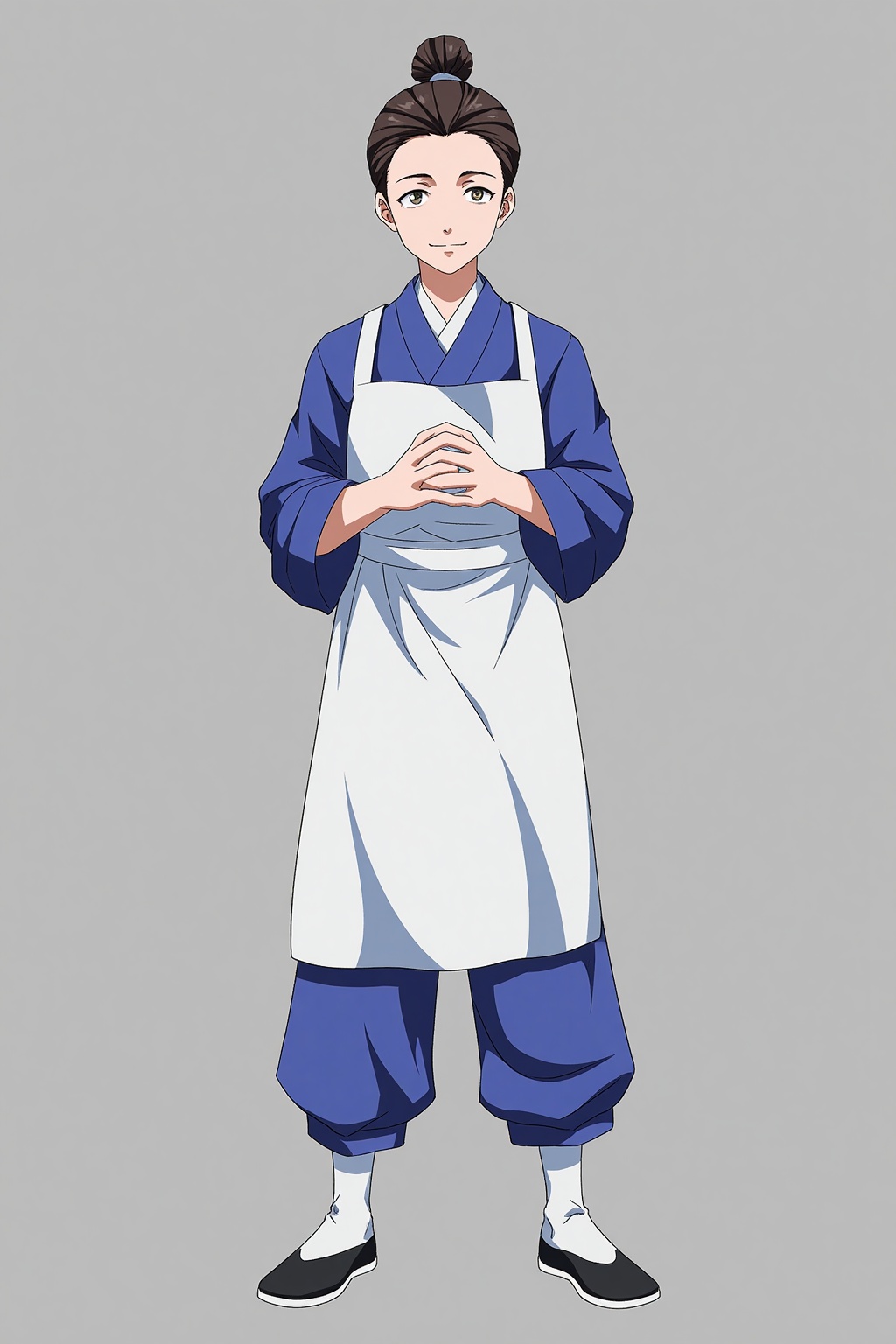 HEZI, Character Design, animation art, quadratic, bright colors, solo, 1boy, male focus, grey background, simple background, own hands together, apron, full body, standing, hair bun, single hair bun, black footwear, smile, black hair, japanese clothes, looking at viewer, pants, black eyes, socks, shoes, blue kimono, closed mouth, blue pants, white socks, white apron, kimono, waist apron, sleeves rolled up, hair pulled back, short hair, brown hair, straight-on, tasuki