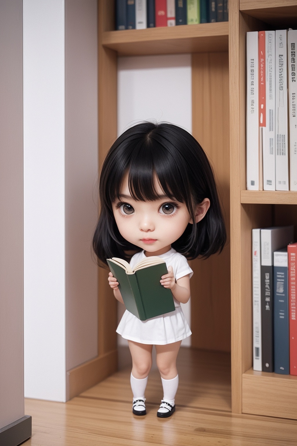 1girl,full body,indoors,reading book,chibi