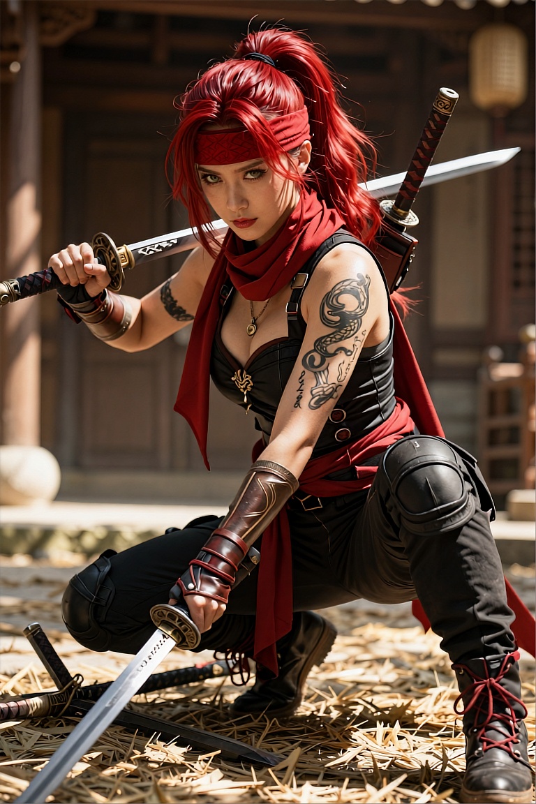 The image portrays a female warrior in a dynamic crouching pose,  set within an environment that suggests an ancient East...