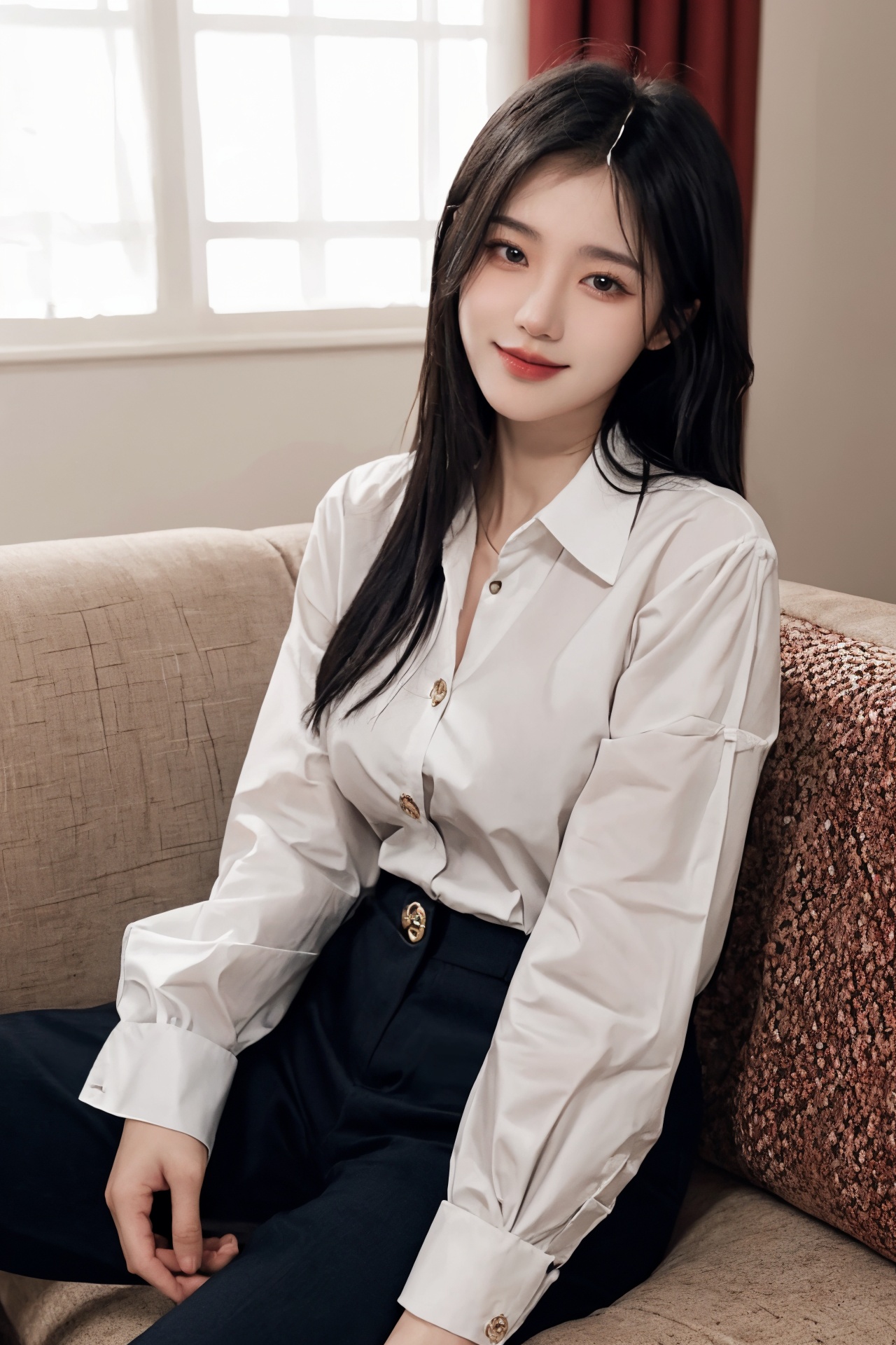1girl, asian, black hair, brown eyes, buttons, couch, curtains, dress shirt, indoors, lips, looking at viewer, pants, realistic, shirt, sitting, smile, solo<lora:绘画美女1.0:0.66>
