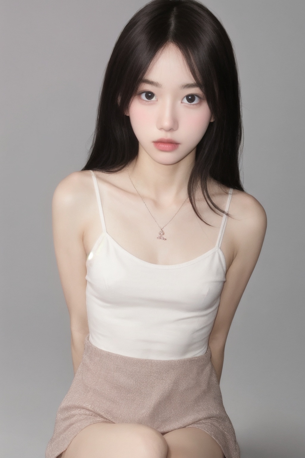 1girl, high quality, looking at viewer, upper body,arms behind back, camisole, see-through, blush, grey background, small breasts, sitting,  <lora:songzhen_v3-000006:0.66>