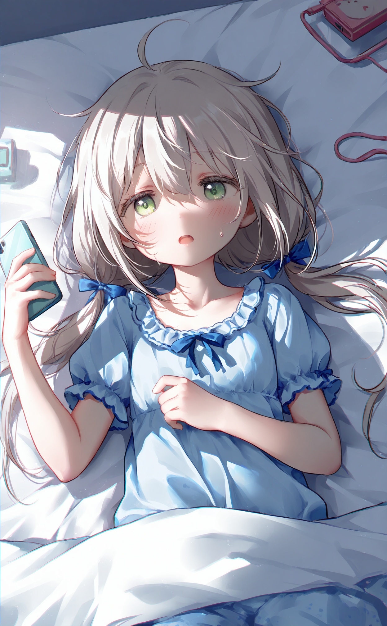 masterpiece,very aware,highres,absurdres,newest,best quality,high quality,loli,petite,chromatic_aberration,cinematic_angle,dutch angle,Light Blue Theme,//,1girl,phone,cellphone,green eyes,solo,grey hair,holding phone,holding,smartphone,long hair,open mouth,pajamas,twintails,short sleeves,under covers,low twintails,blue bow,hair between eyes,hair bow,bow,blue shirt,puffy sleeves,blue pajamas,blanket,bed sheet,shirt,sweatdrop,ahoge,puffy short sleeves,on bed,blush,//,//,<lora:zitonger——【noob】hans:0.9>,