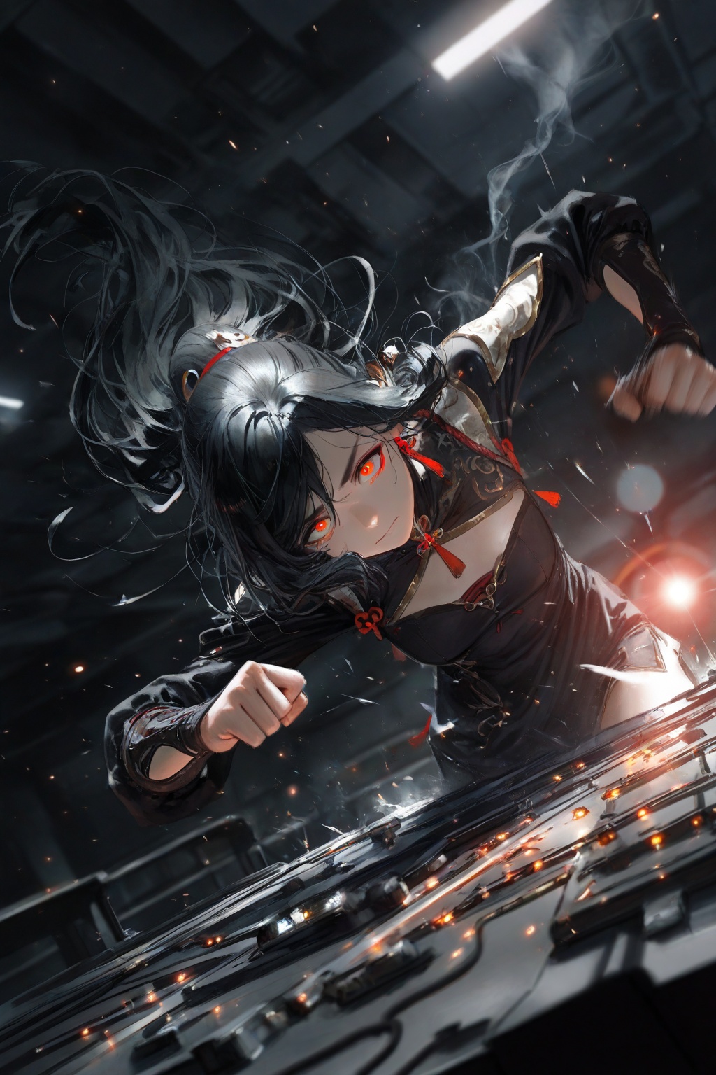 masterpiece,best quality,amazing quality,very aesthetic,absurdres,newest,light particles,cinematic lighting,Visual impact,sharp focus,Emotionalization,lens flare,depth of field,dynamic pose,dutch angle,extreme aesthetic,(dino_(dinoartforame):0.5),(yoneyama mai:0.5),(Yomu:0.3),(quasarcake:0.5),(wlop:0.5),1girl,shenhe,Science fiction, Mechanical desks and chairs, mechanical classrooms, mechanical institutions, Cyberpunk, Futuristic style, Steampunk,Punches, motion blur, light tracing, smoke on the fist,