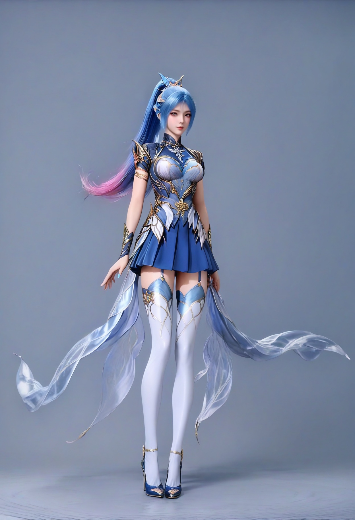 air_skin,white_skin,score_9,<lora:SF_WangQiuErArmor_Pony_Realism2.3-000003:0.7>,dress,hair ornament,blue  hair,ponytail,multicolored hair,1girl,breasts,medium breasts,thighhighs,blue skirt,solo,standing,looking at viewer,simple background,full body,high heels,